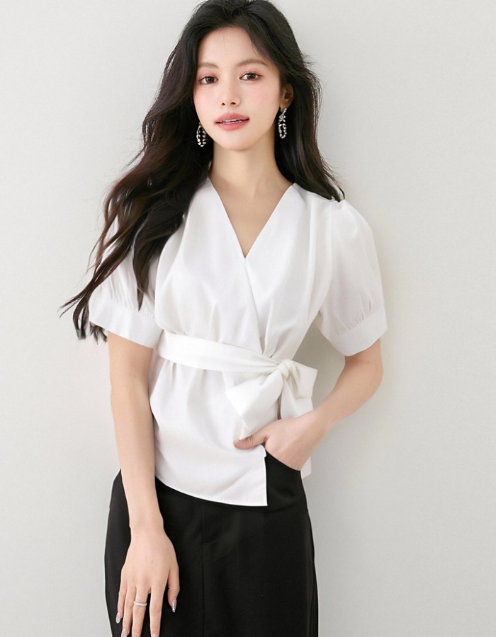 Temperament V-neck shirt pinched waist tops