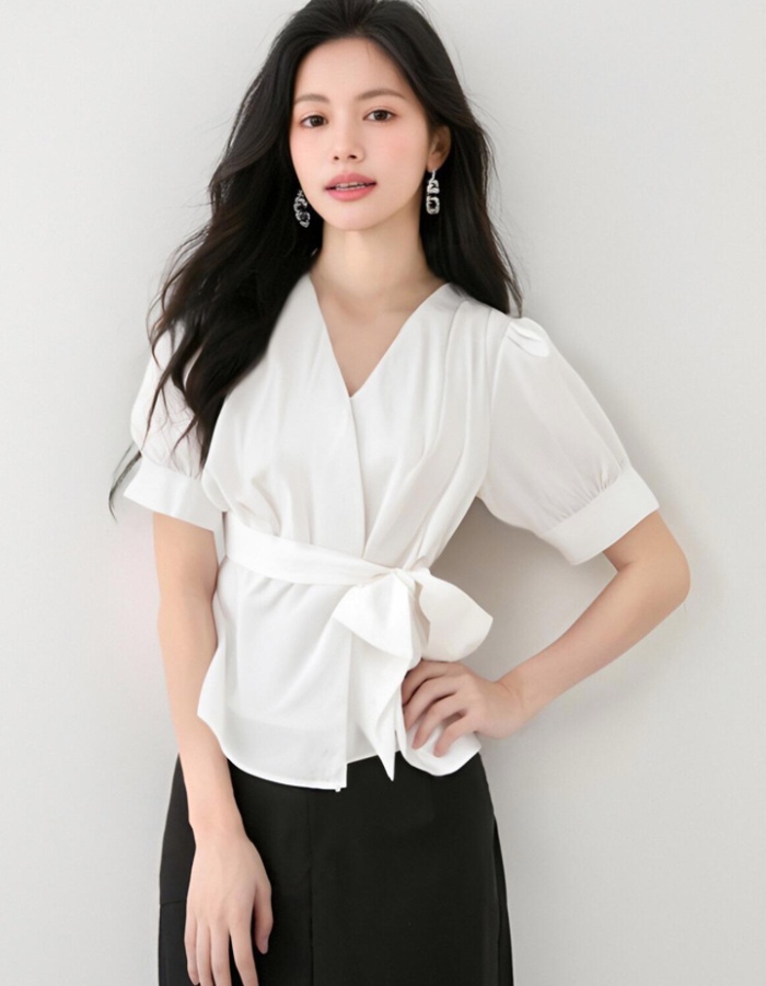 Temperament V-neck shirt pinched waist tops