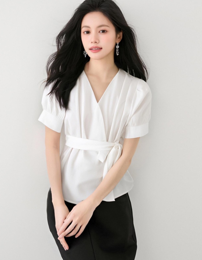 Temperament V-neck shirt pinched waist tops