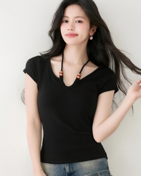 Unique short black tops summer V-neck T-shirt