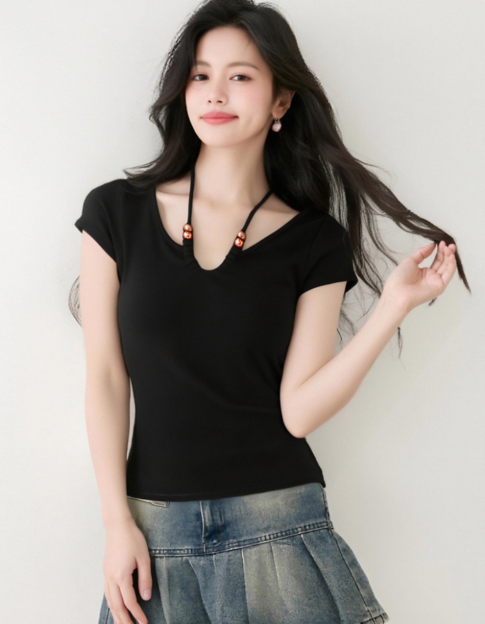 Unique short black tops summer V-neck T-shirt