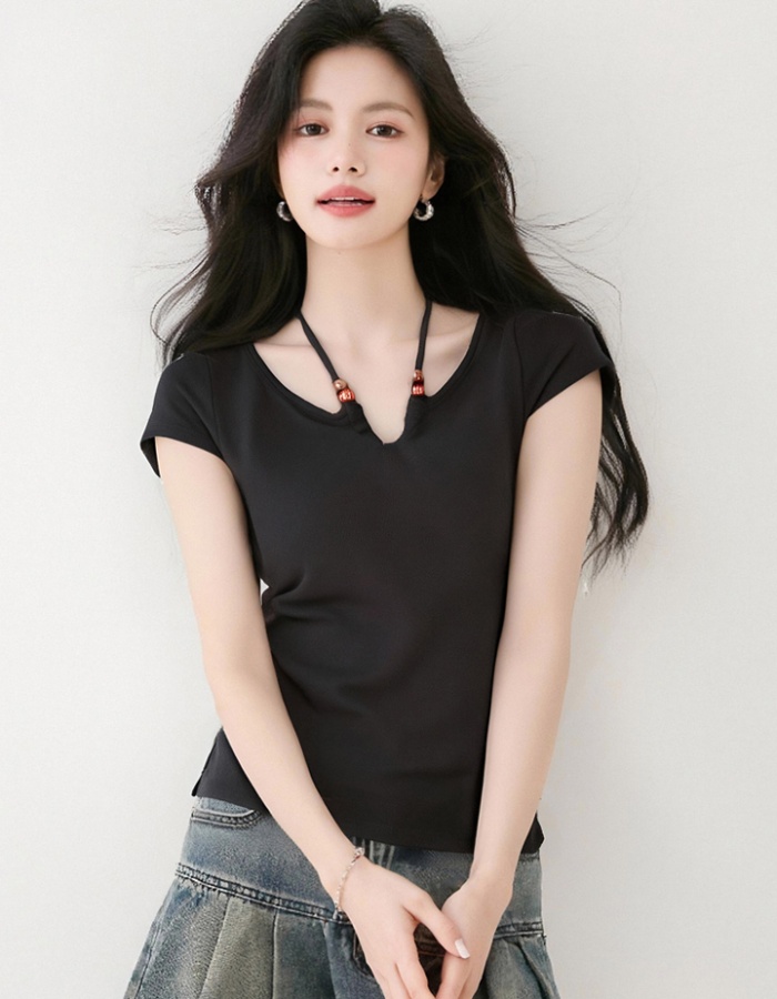 Unique short black tops summer V-neck T-shirt