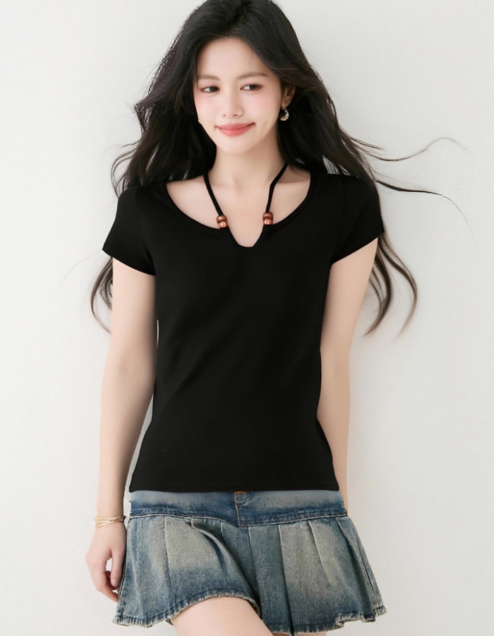 Unique short black tops summer V-neck T-shirt
