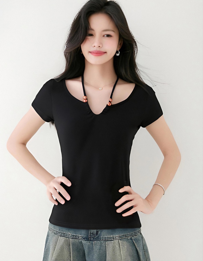 Unique short black tops summer V-neck T-shirt