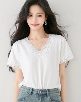V-neck lace summer T-shirt slim Casual all-match tops