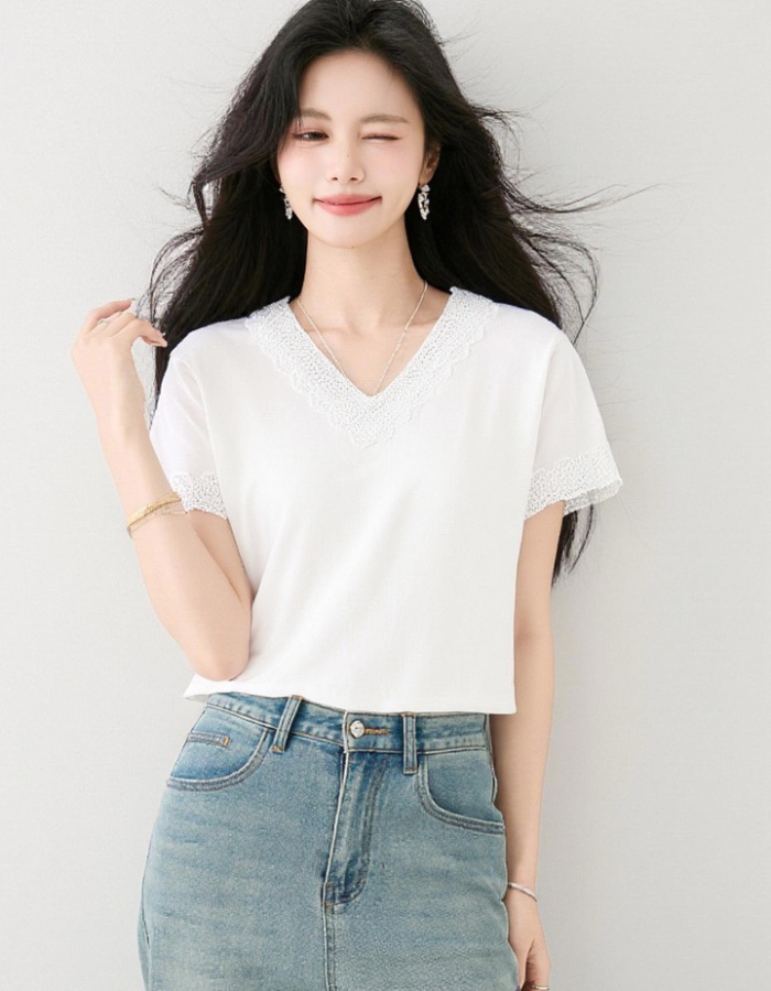V-neck lace summer T-shirt slim Casual all-match tops