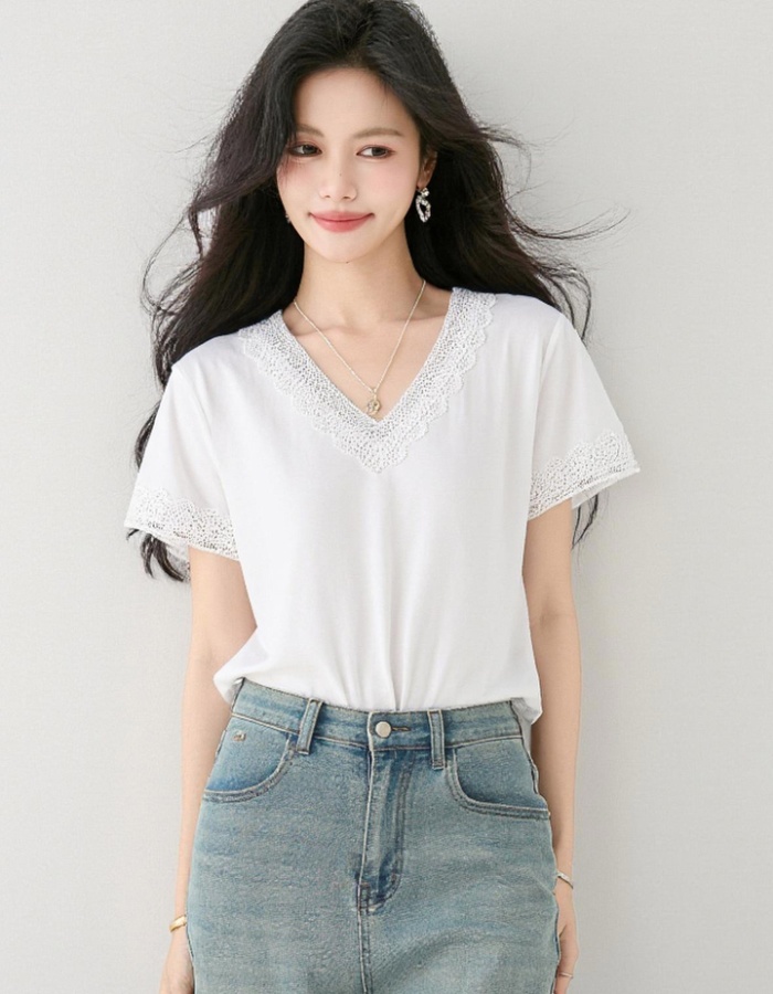 V-neck lace summer T-shirt slim Casual all-match tops