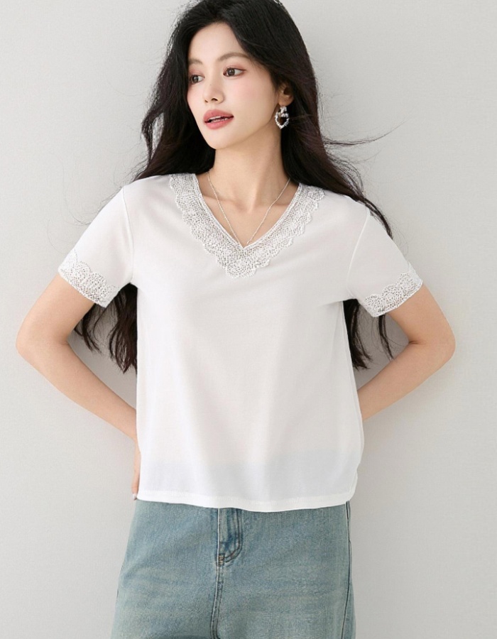 V-neck lace summer T-shirt slim Casual all-match tops
