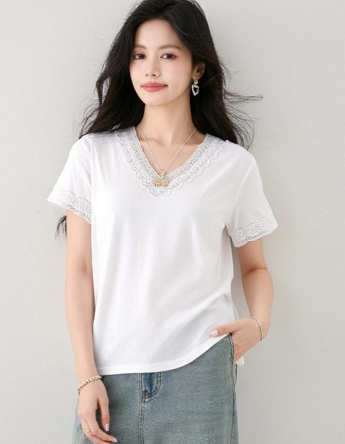 V-neck lace summer T-shirt slim Casual all-match tops