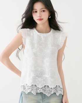 Embroidery lotus leaf edges shirt France style summer tops
