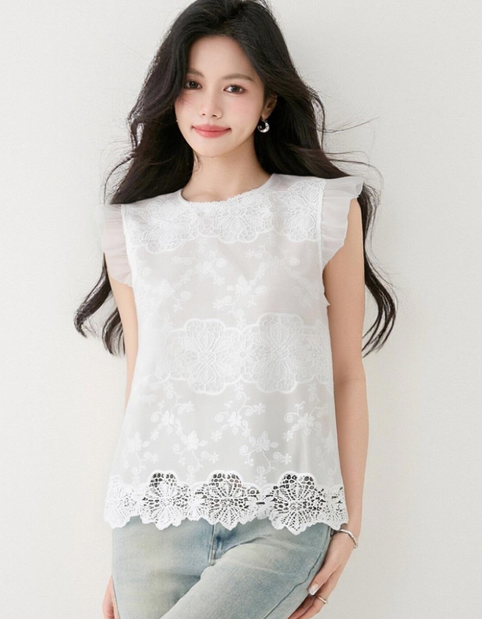 Embroidery lotus leaf edges shirt France style summer tops