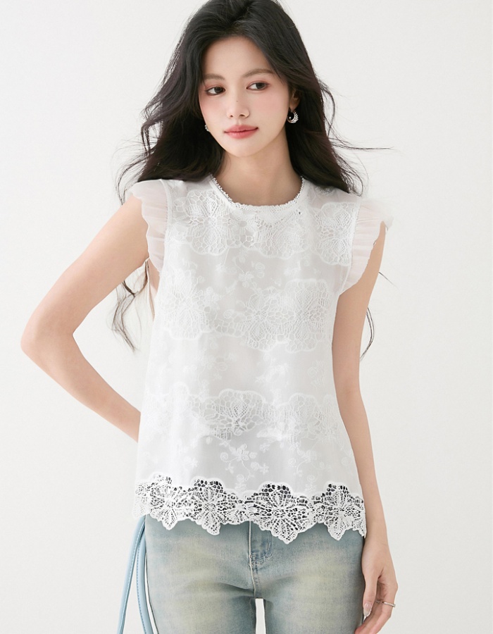 Embroidery lotus leaf edges shirt France style summer tops