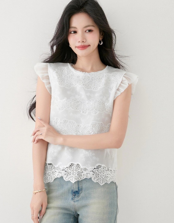 Embroidery lotus leaf edges shirt France style summer tops