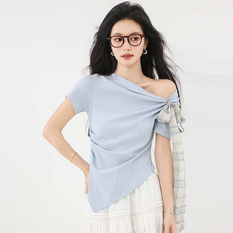 Bow temperament T-shirt summer irregular small shirt