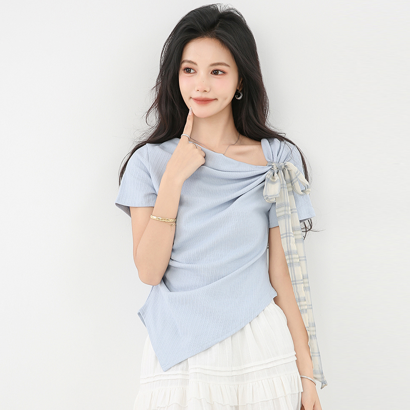 Bow temperament T-shirt summer irregular small shirt