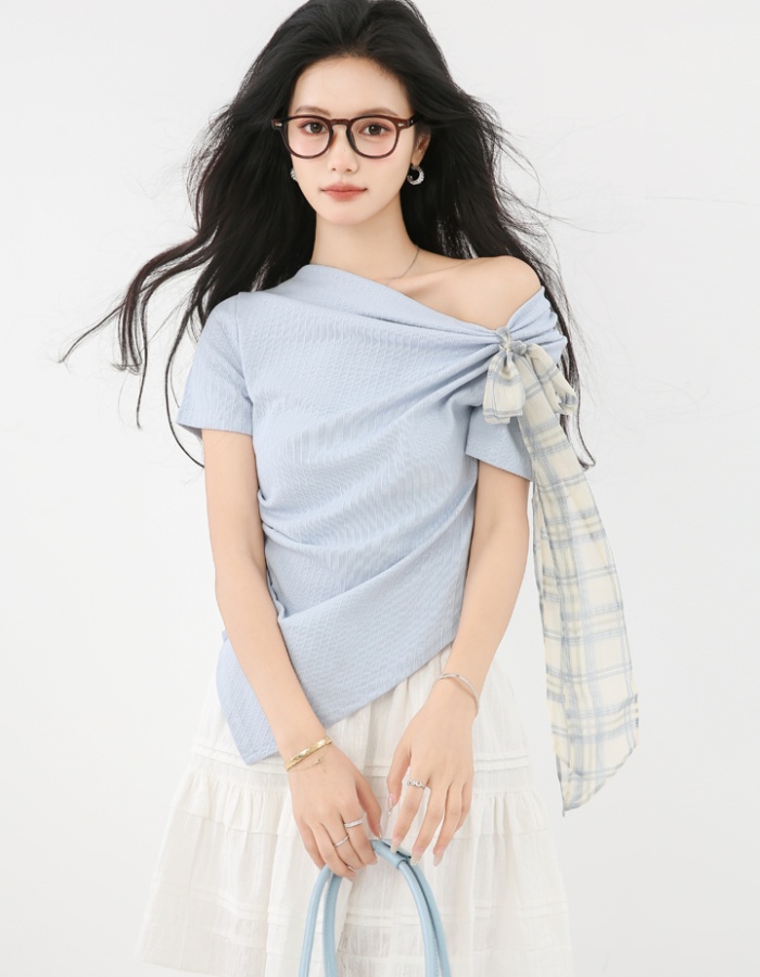 Bow temperament T-shirt summer irregular small shirt