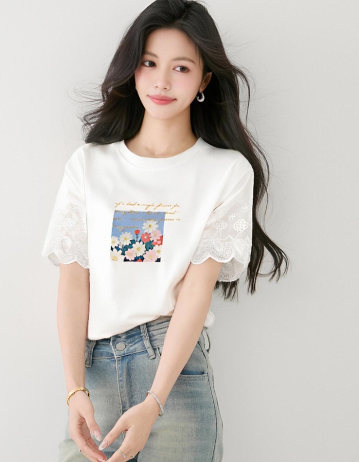 Daisy printing summer tops all-match short sleeve T-shirt