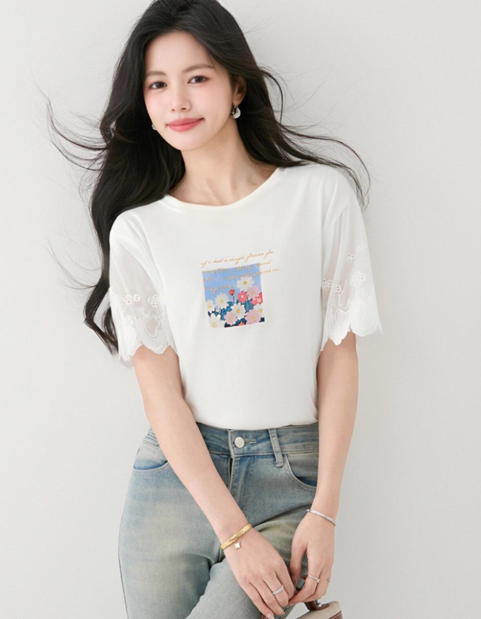 Daisy printing summer tops all-match short sleeve T-shirt