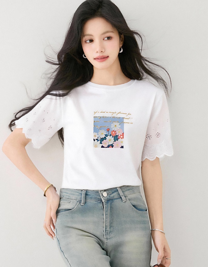Daisy printing summer tops all-match short sleeve T-shirt