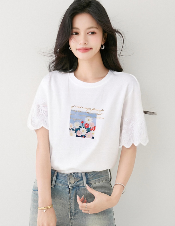 Daisy printing summer tops all-match short sleeve T-shirt