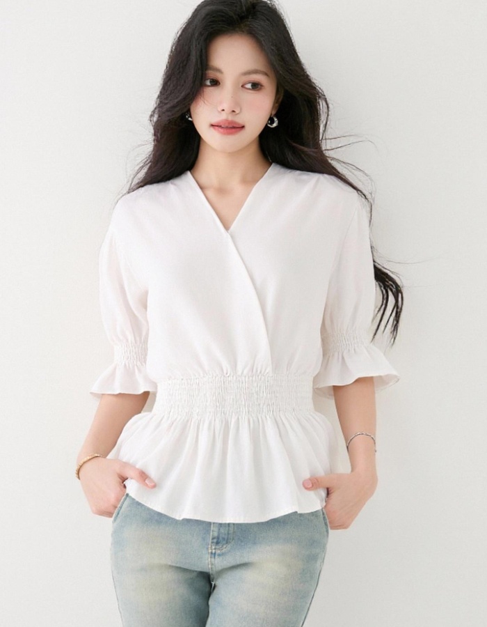Puff sleeve V-neck shirt summer tops for women