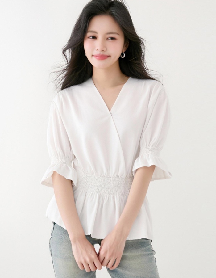 Puff sleeve V-neck shirt summer tops for women