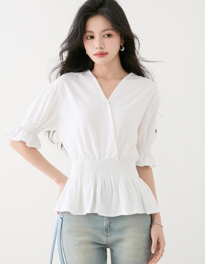 Puff sleeve V-neck shirt summer tops for women