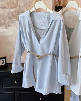 With belt sling vest V-neck shirt 2pcs set for women