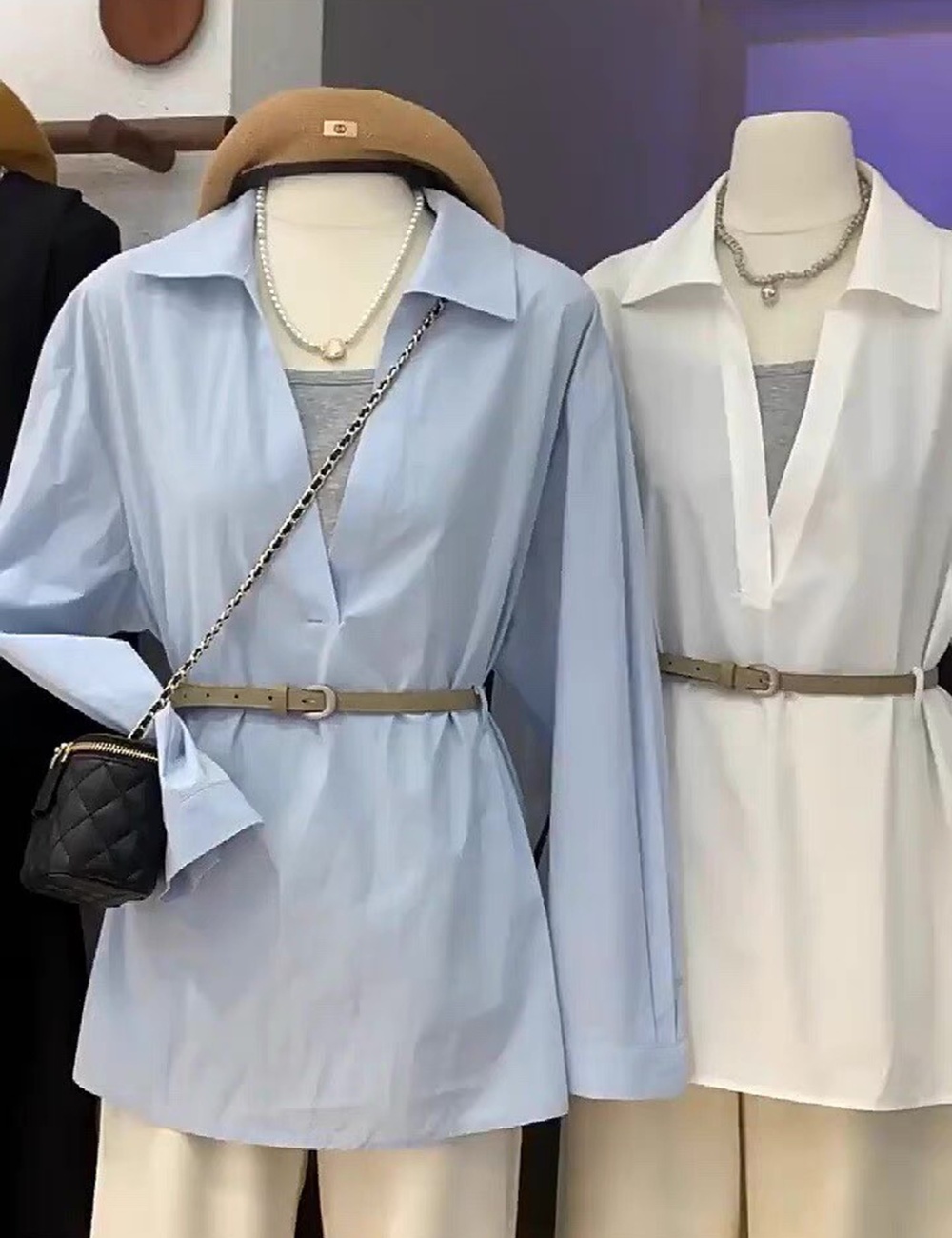 With belt sling vest V-neck shirt 2pcs set for women