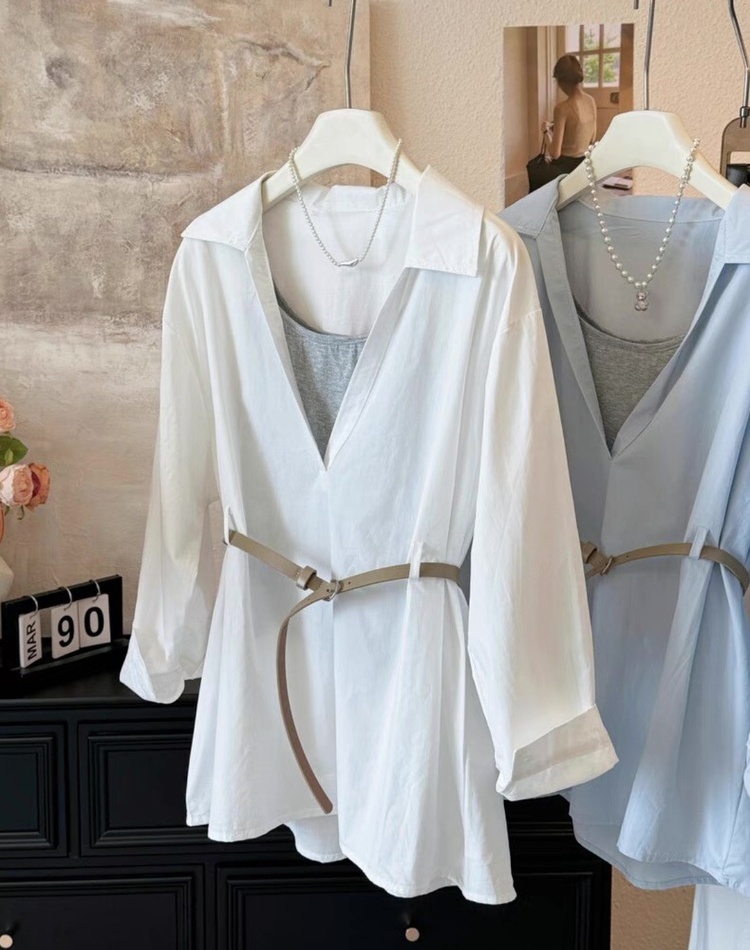 With belt sling vest V-neck shirt 2pcs set for women