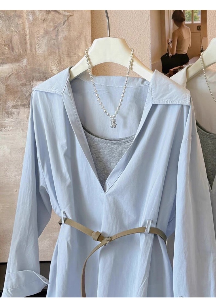 With belt sling vest V-neck shirt 2pcs set for women