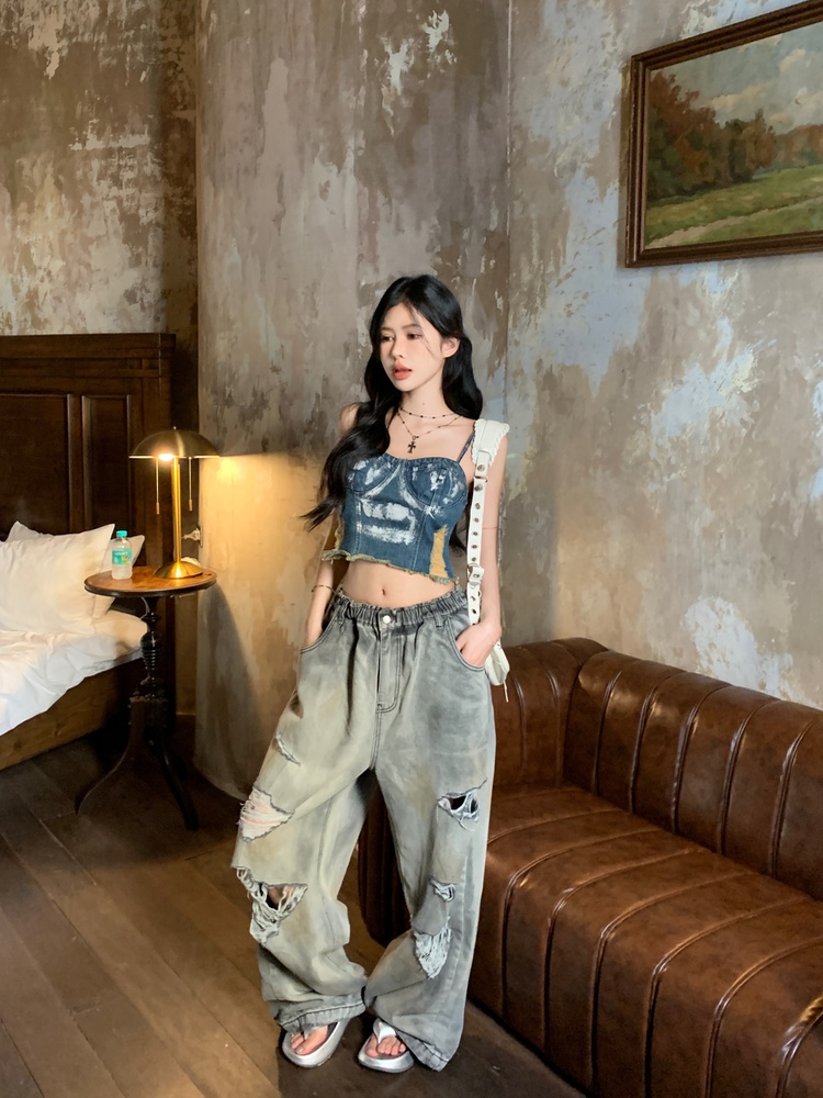 Retro loose fashion wide leg pants holes unique jeans