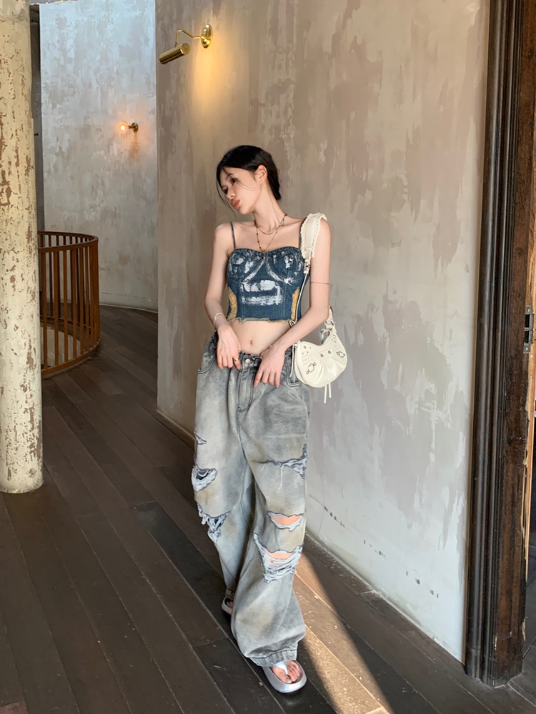 Retro loose fashion wide leg pants holes unique jeans