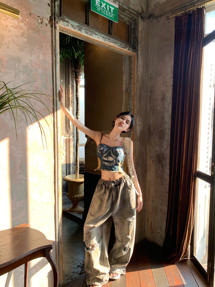 Retro loose fashion wide leg pants holes unique jeans