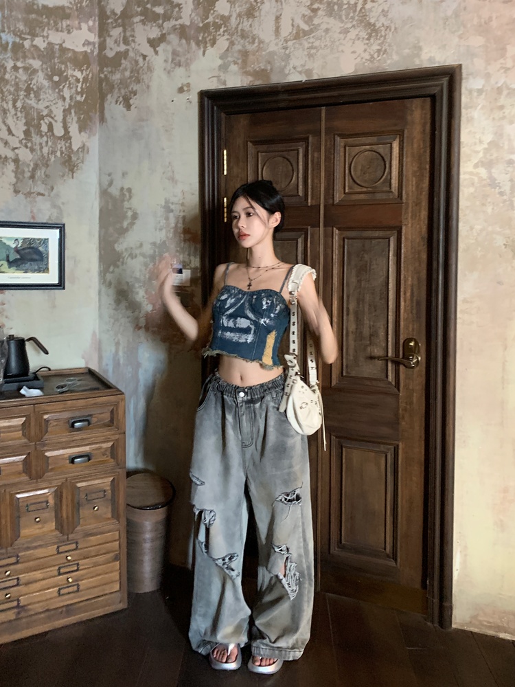 Retro loose fashion wide leg pants holes unique jeans