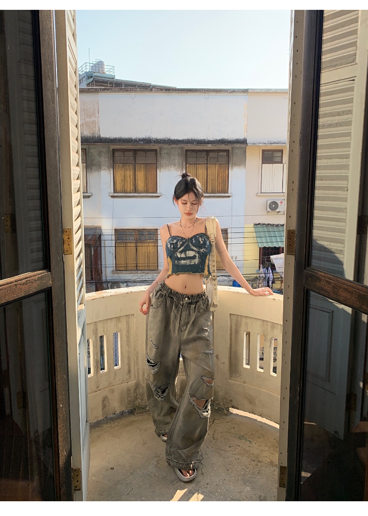 Retro loose fashion wide leg pants holes unique jeans