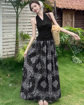 A-line national style T-shirt retro halter skirt 2pcs set