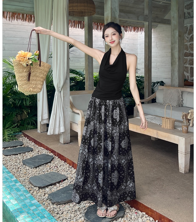 A-line national style T-shirt retro halter skirt 2pcs set