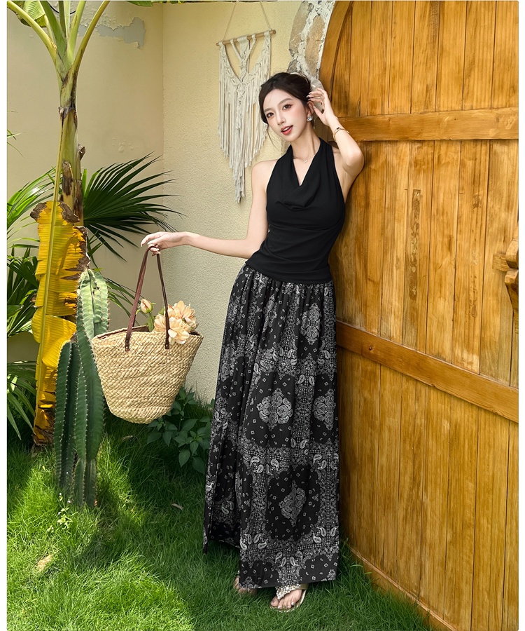 A-line national style T-shirt retro halter skirt 2pcs set