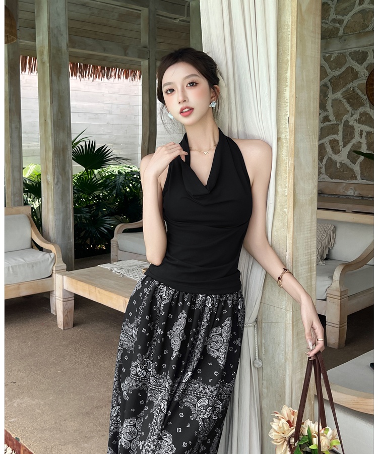 A-line national style T-shirt retro halter skirt 2pcs set