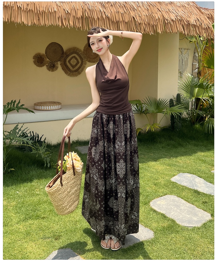 A-line national style T-shirt retro halter skirt 2pcs set