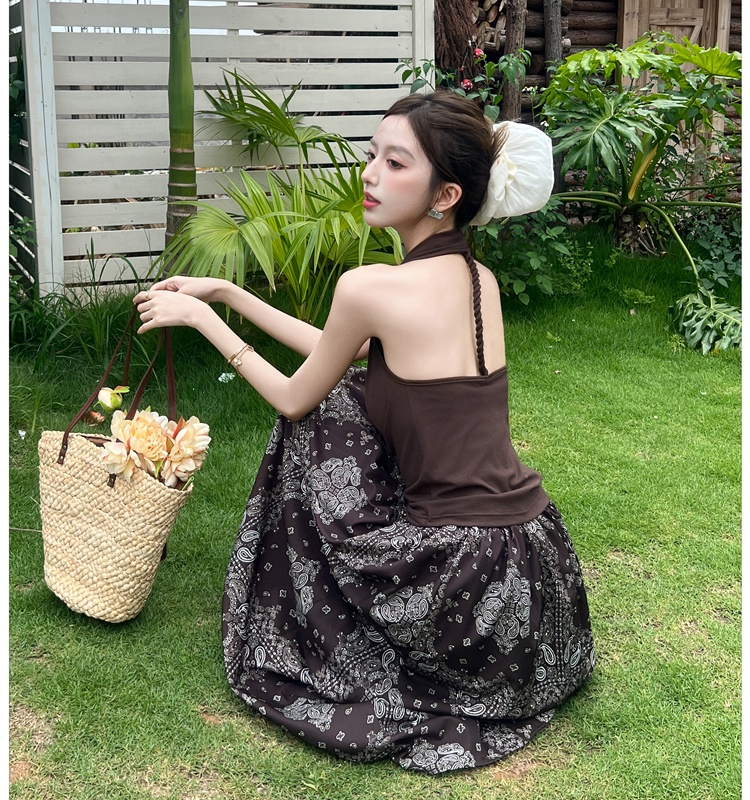 A-line national style T-shirt retro halter skirt 2pcs set