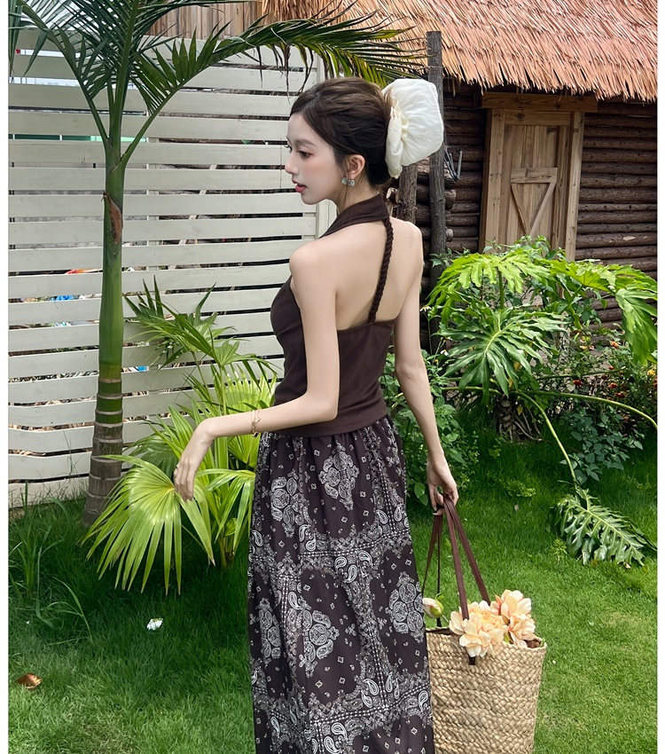 A-line national style T-shirt retro halter skirt 2pcs set