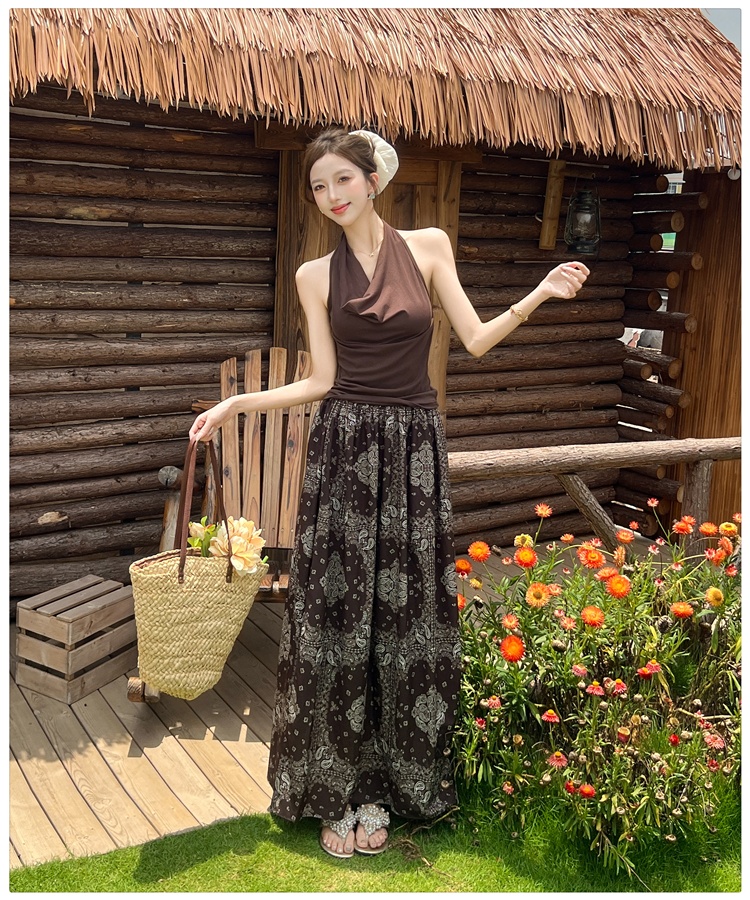 A-line national style T-shirt retro halter skirt 2pcs set