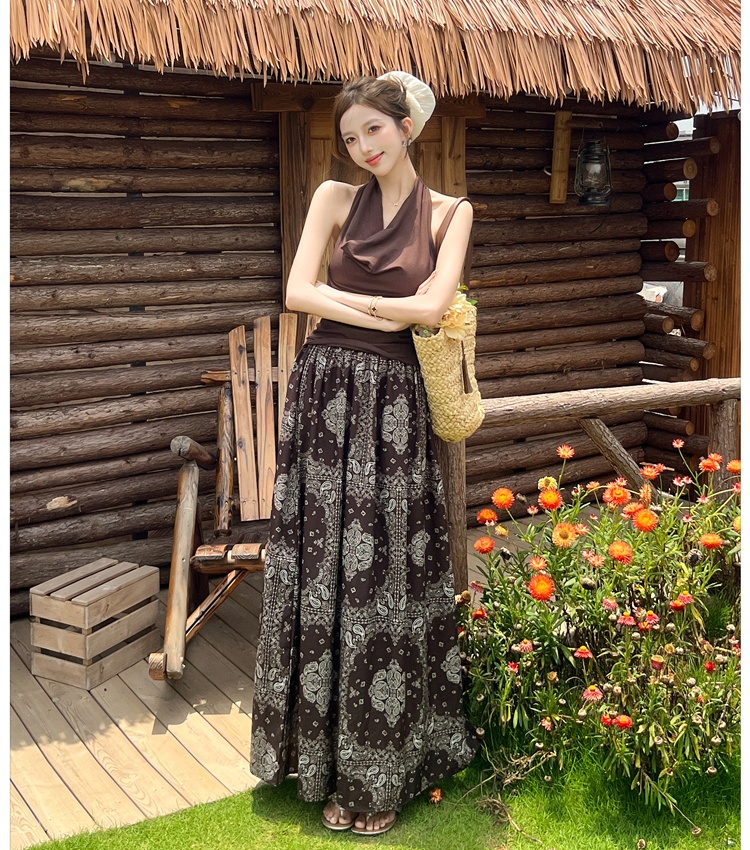 A-line national style T-shirt retro halter skirt 2pcs set