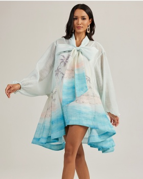 Lantern sleeve bow printing vacation loose dress