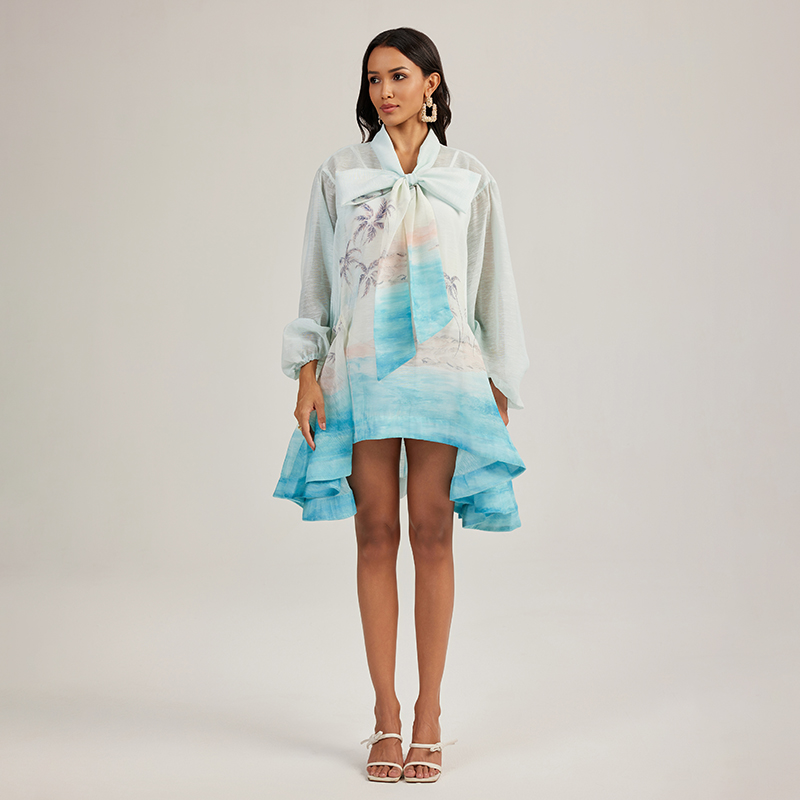 Lantern sleeve bow printing vacation loose dress