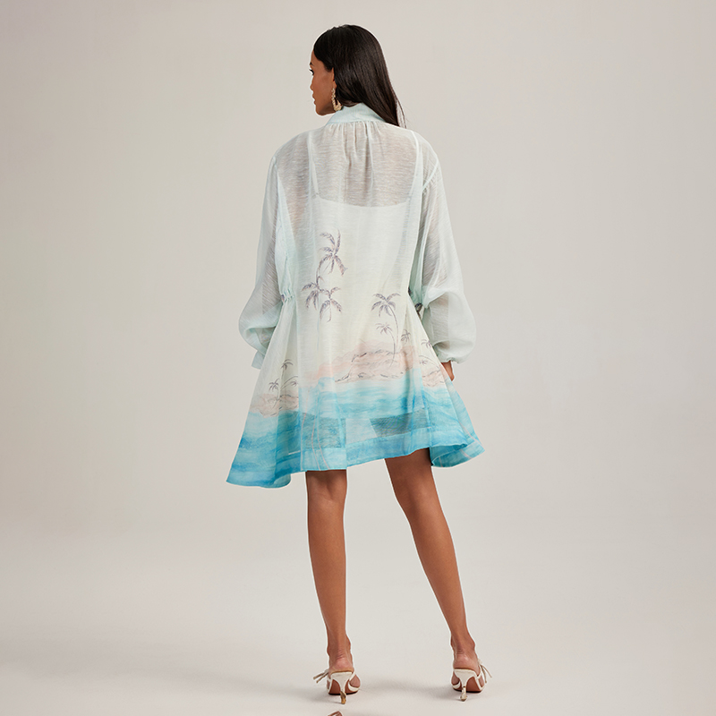 Lantern sleeve bow printing vacation loose dress