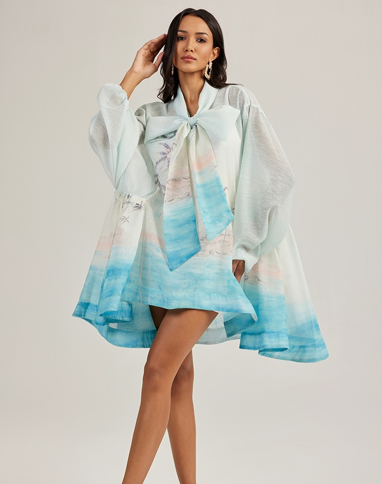 Lantern sleeve bow printing vacation loose dress