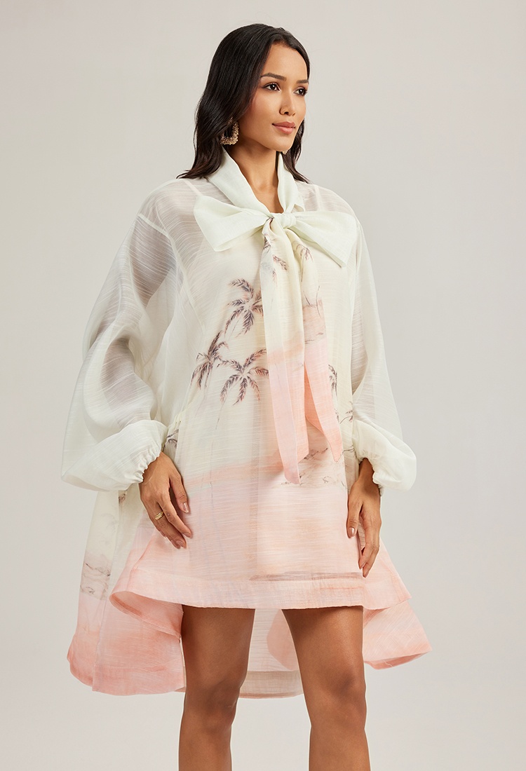 Lantern sleeve bow printing vacation loose dress